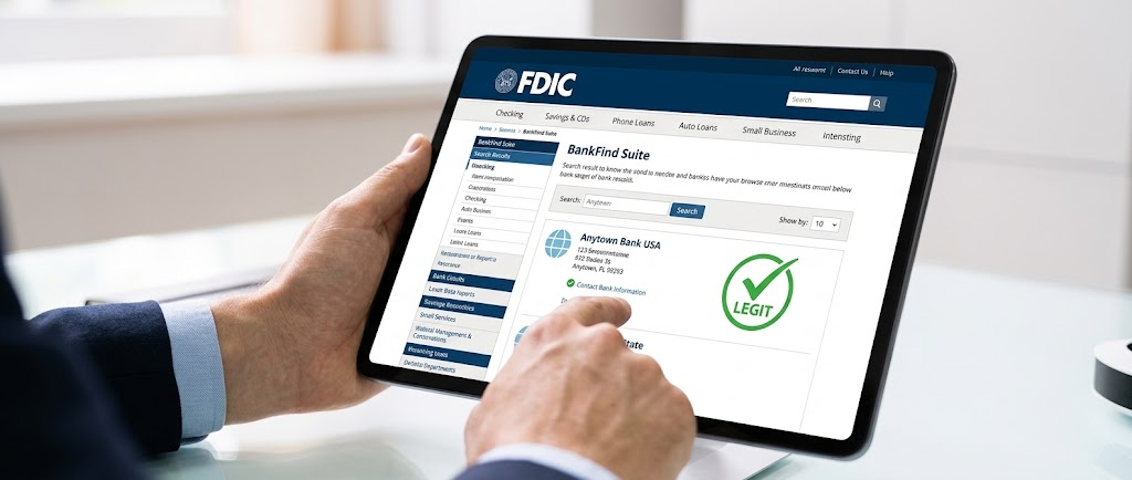 Verifying a local lender's legitimacy using the FDIC website.