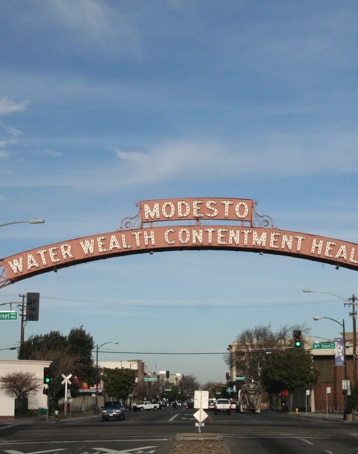 The historic Modesto Arch over 9th Street in downtown Modesto, California